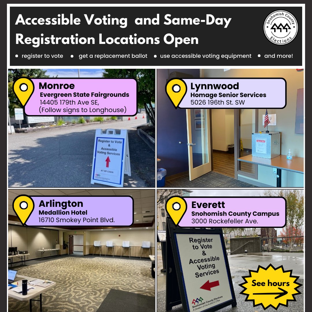 snoco_auditor's tweet image. If you still need to register to vote, get a replacement ballot, or use accessible voting equipment, visit an accessible voting site TODAY!

Accessible voting sites are open today (11/2) until 4PM in Everett, Monroe, Lynnwood, and Arlington. See locations: bit.ly/SnoCo_SameDayR…