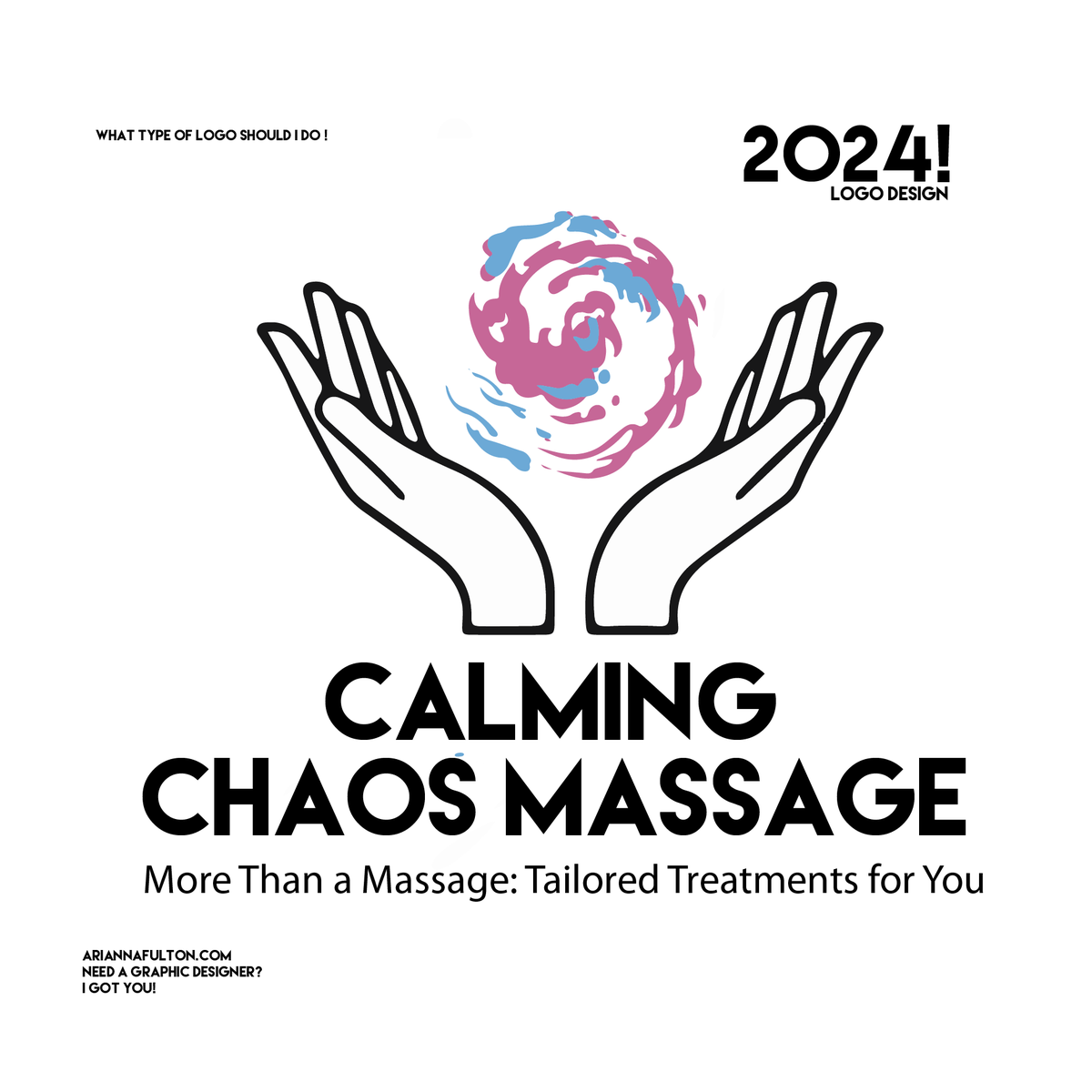 ariannagraphics's tweet photo. Logo concept for Calming Chaos Massage: A soothing blend of blues and pinks to evoke relaxation and balance. Soft, flowing lines capture the essence of calm amidst life’s chaos, inviting clients to unwind and restore. #MassageLogo #SoothingDesign #RelaxationBranding #Design2024 https://t.co/ZL9bgUtHcs