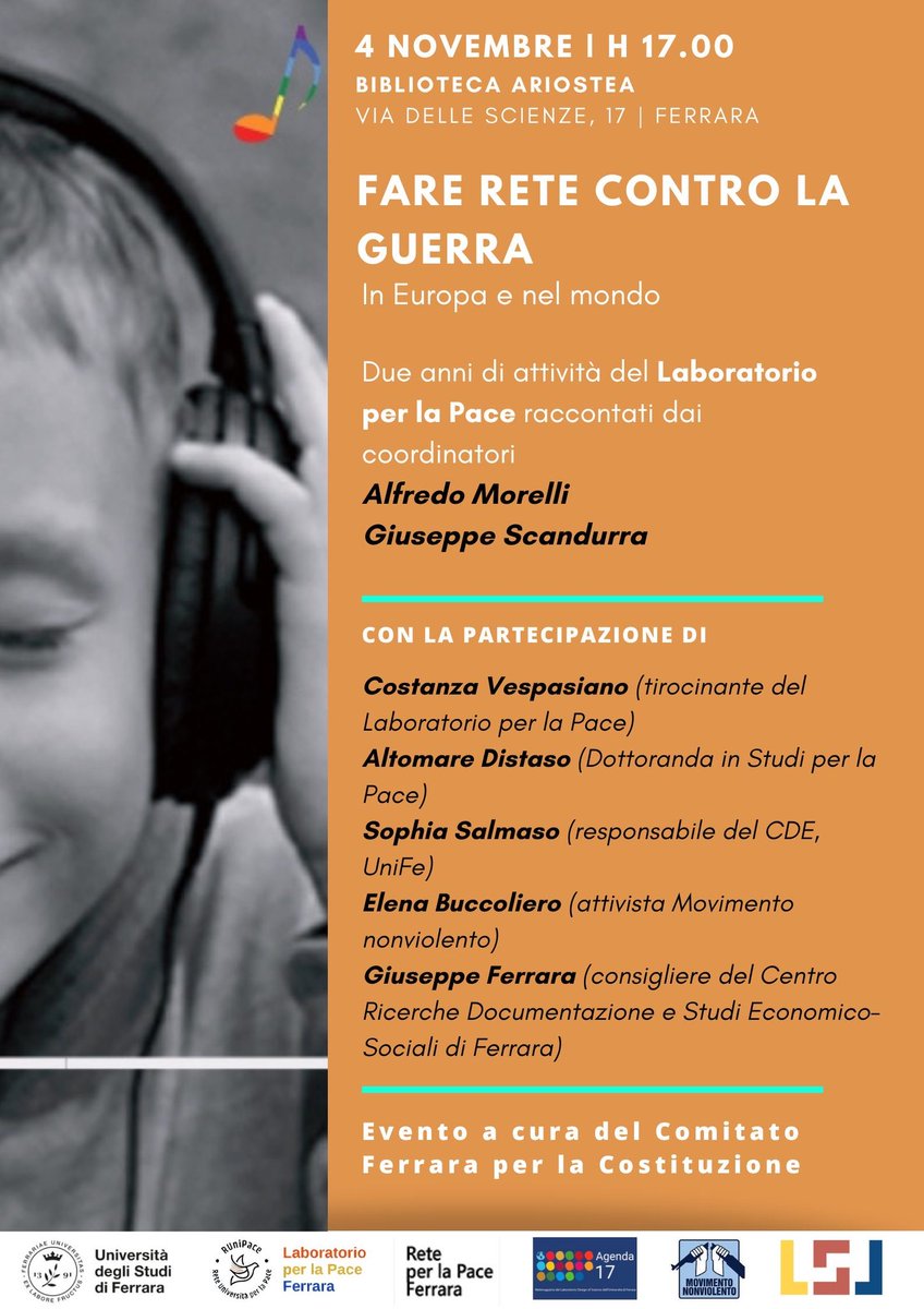 FARE RETE CONTRO LA GUERRA, in Europa e nel mondo🌍

📅 4 Novembre 2024
📍 Biblioteca Ariostea, Via delle Scienze, 17 | Ferrara

Unisciti a noi per i due anni di attività del Laboratorio per la Pace di UNIFE e per la presentazione del nuovo libro di Alfredo Mario Morelli!🎉