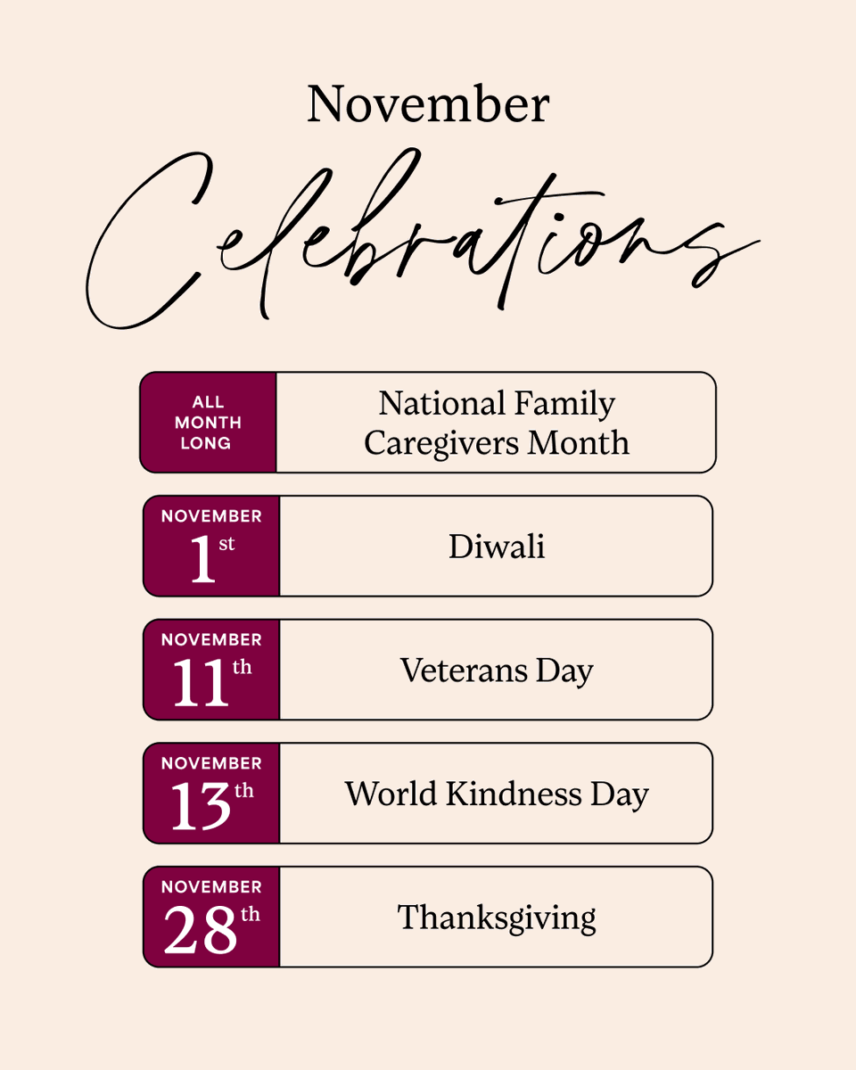 From honoring the dedication of caregivers and veterans to celebrating Diwali and Thanksgiving, November is the season of gratitude and connection 🌼✨