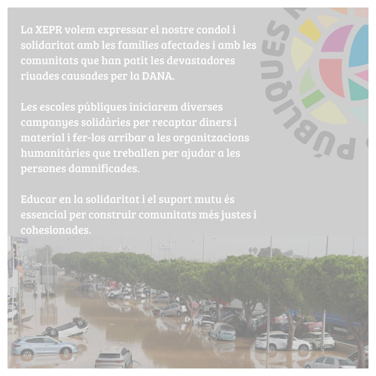 Xarxa Escoles Públiques Reus (@reusxarxa) on Twitter photo La <a href="/ReusXarxa/">Xarxa Escoles Públiques Reus</a> volem expressar el nostre condol i solidaritat amb les famílies afectades i amb les comunitats que han patit les devastadores riuades causades per la DANA.
#DANA
#València
#Solidaritat
#Suportmutu
#XEPR La <a href="/ReusXarxa/">Xarxa Escoles Públiques Reus</a> volem expressar el nostre condol i solidaritat amb les famílies afectades i amb les comunitats que han patit les devastadores riuades causades per la DANA.
#DANA
#València
#Solidaritat
#Suportmutu
#XEPR