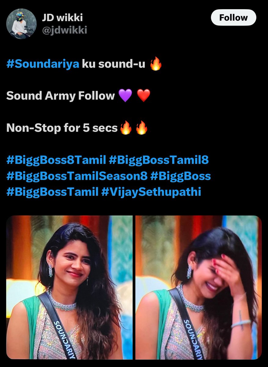 greyxdria's tweet photo. nambunga pa ☺️

No PR, only organic fans 🥰

#BiggBossTamil8 https://t.co/NXEvlOZIst