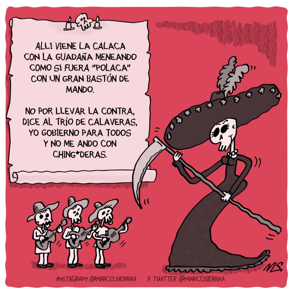 marcosierrax's tweet photo. Tiqu-tiqui taca-taca, la calaca llega con su trío de calaveras.
Que disfruten este tradicional Día de Los Muertos.
Cartón publicado en El serventesio de la muerte.
#DiadeLosMuertos #dayofDead #Catrina #humor #2denoviembre #calavera #calaveramexicana #democracia https://t.co/5txHG3M330