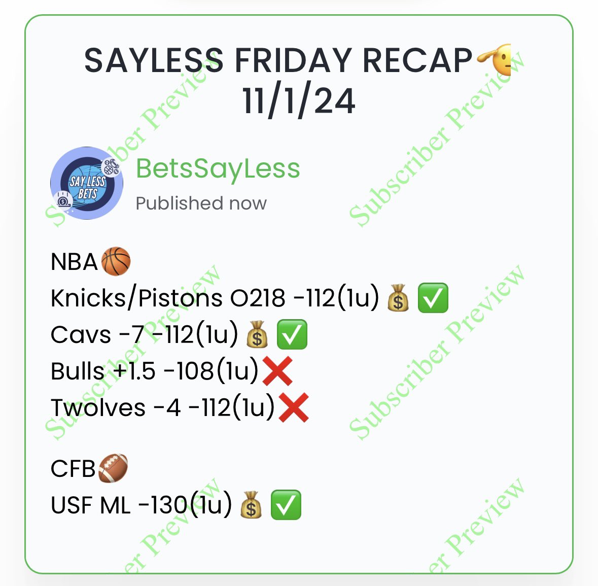 BetsSayLess's tweet photo. SAYLESS FRIDAY RECAP🫡 1/1/24

NBA🏀
Knicks/Pistons O218 -112(1u)💰✅
Cavs -7 -112(1u)💰✅
Bulls +1.5 -108(1u)❌
Twolves -4 -112(1u)❌

CFB🏈
USF ML -130(1u)💰✅

3-2 day💯CFB goes 1-0 with USF pulling away late! NBA goes 2-2 as the Bulls choke and Twolves win by 3. We move #GamblingX #GamblingTwitter