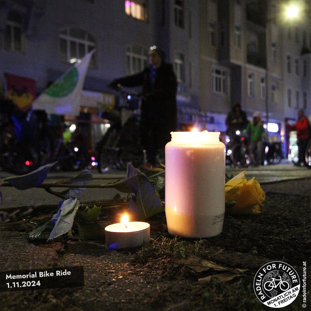 RadelnForFuture's tweet photo. Im Gedenken an alle im Straßenverkehr tödlich verletzten Radfahrenden haben wir gestern beim #MemorialBikeRide einige Unfallorte in Wien besucht und dabei Blumen und Kerzen hinterlassen. Ein großes Danke an alle, die mitgeradelt sind! https://t.co/nqKkBXeOCL