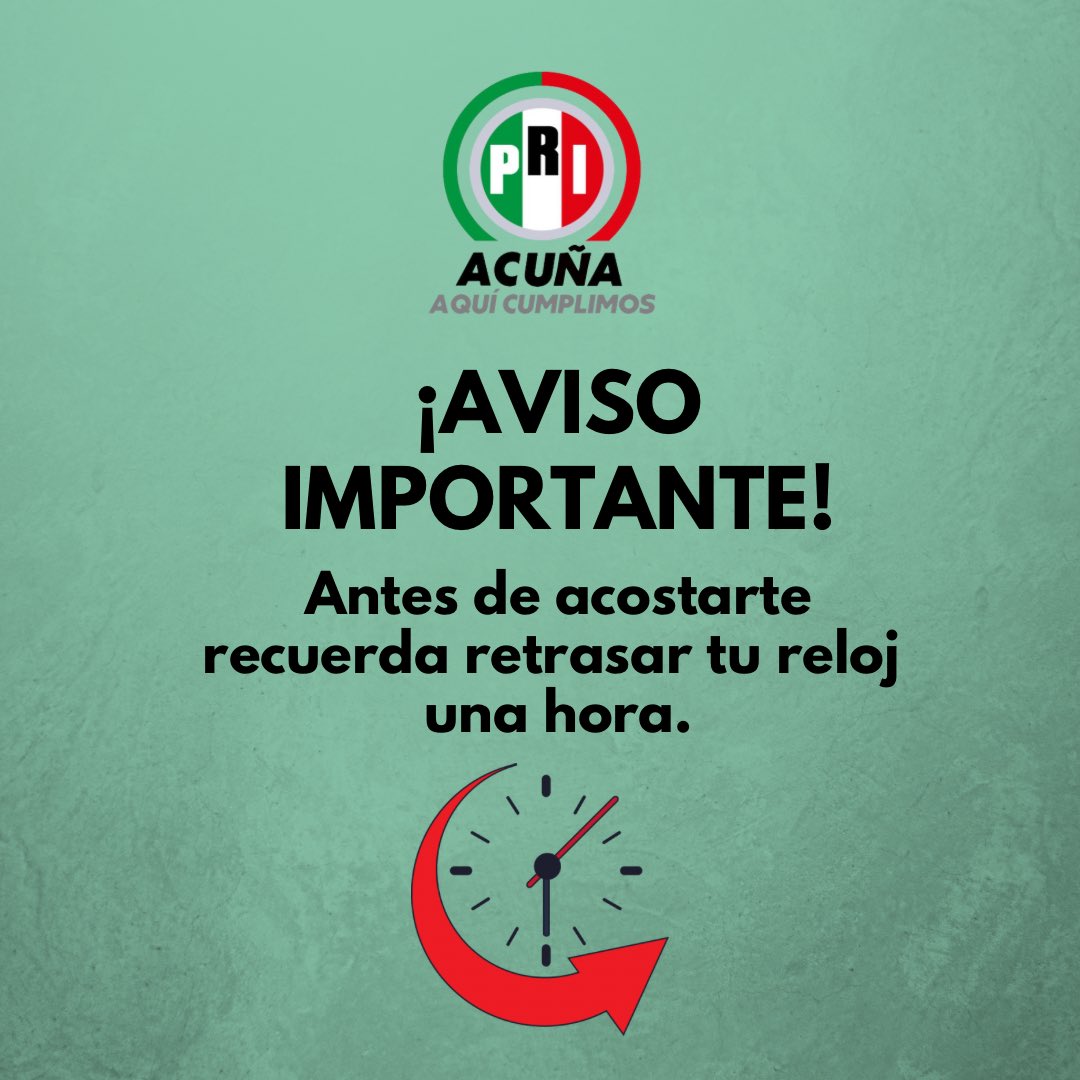 Este domingo 03 de noviembre inicia el horario de invierno. Por lo que es necesario atrasar tus relojes una hora antes. 

#AquíCumplimos 

Carlos Robles
<a href="/PRICoahuila/">PRI COAHUILA</a> 
<a href="/_JuanCarlos85/">Juan Carlos Mendoza</a>