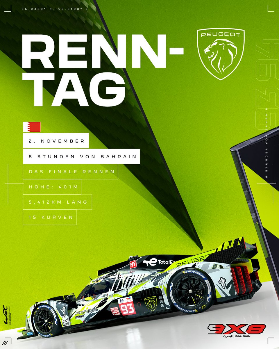 Und zum letzten Mal in dieser Saison 🥲 ist Renntag in Bahrain. Und ein letztes Mal brauchen unsere Löwen eure Unterstützung für den Endspurt des Jahres!  👏 
#Peugeot9X8 #AllureBornToRace #8HBahrain