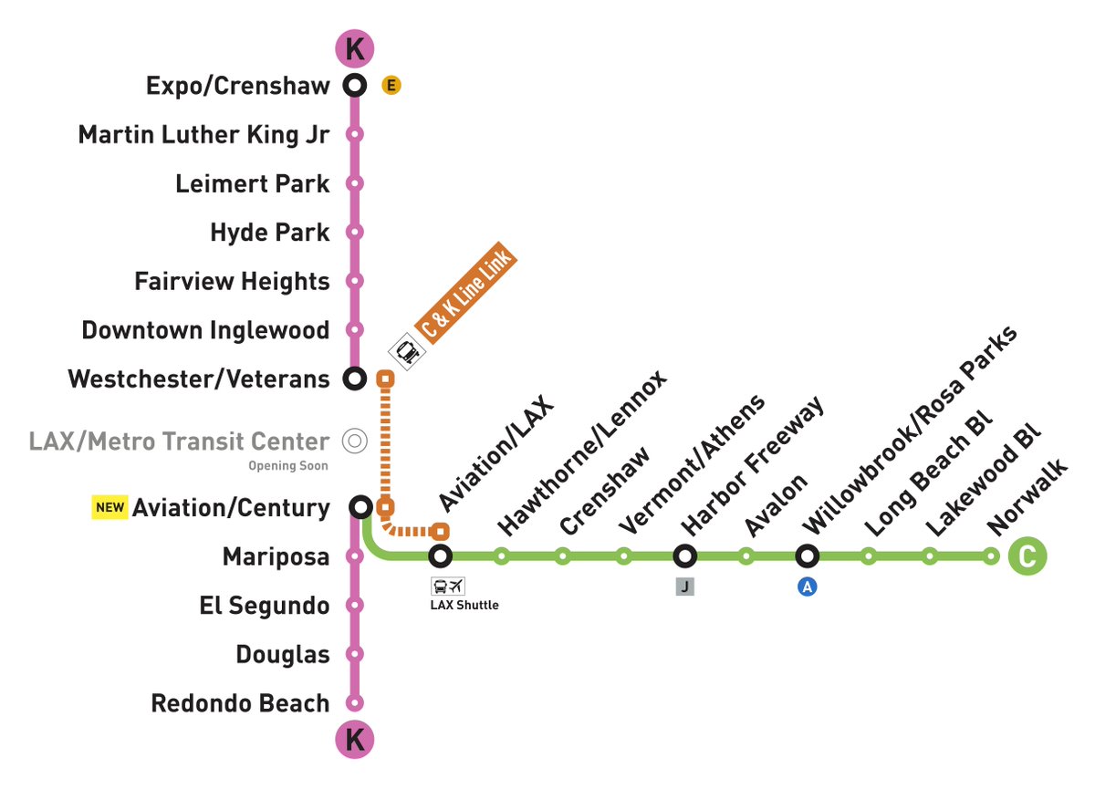 HEADS UP! Starting TOMORROW, SUNDAY, NOV. 3: 

•The C and K Lines are being reconfigured. See map 👇

•If using Mariposa, El Segundo, Douglas or Redondo stations, transfer at Aviation/Century to C Line

•Aviation/Century Station is opening

More info: metro.net/cklines/
