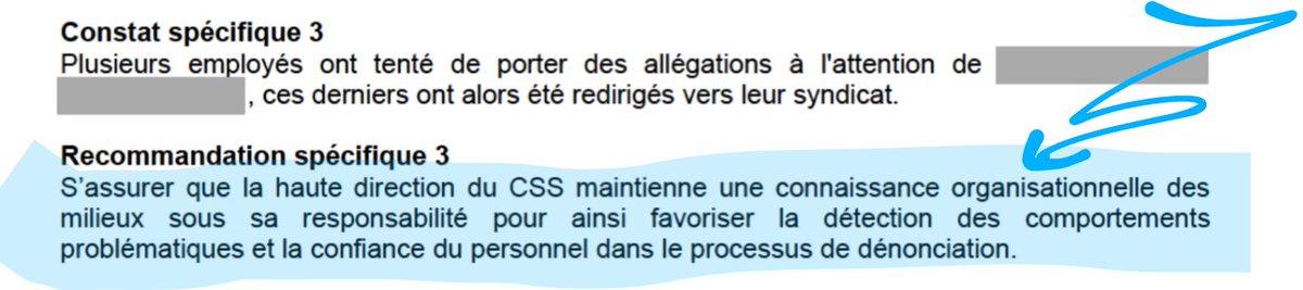 sj_mtl's tweet image. &quot;S&apos;assurer que la haute direction du CSS maintienne une connaissance organisationnelle des milieux sous sa responsabilité pour ainsi favoriser la détection des comportements problématiques et la confiance du personnel dans le processus de dénonciation&quot;

Enquête ministère - #CSSDM