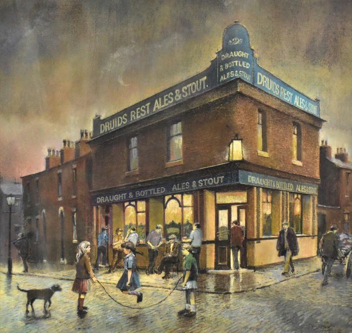 GroomB's tweet photo. The Druid’s Rest, by Tom Brown (1933-2017). Hanky Park, Salford, closed 1963. via @GrimArtGroup https://t.co/v7kdo8uA7W