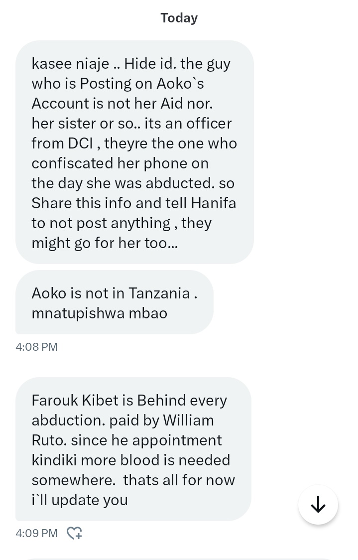 _James041's tweet photo. I don't know how true this information is but we can't assume anything until Aoko speaks.

If this post appears on your TL, type #FreeAoko #RutoMustGo https://t.co/XIitCN4il8