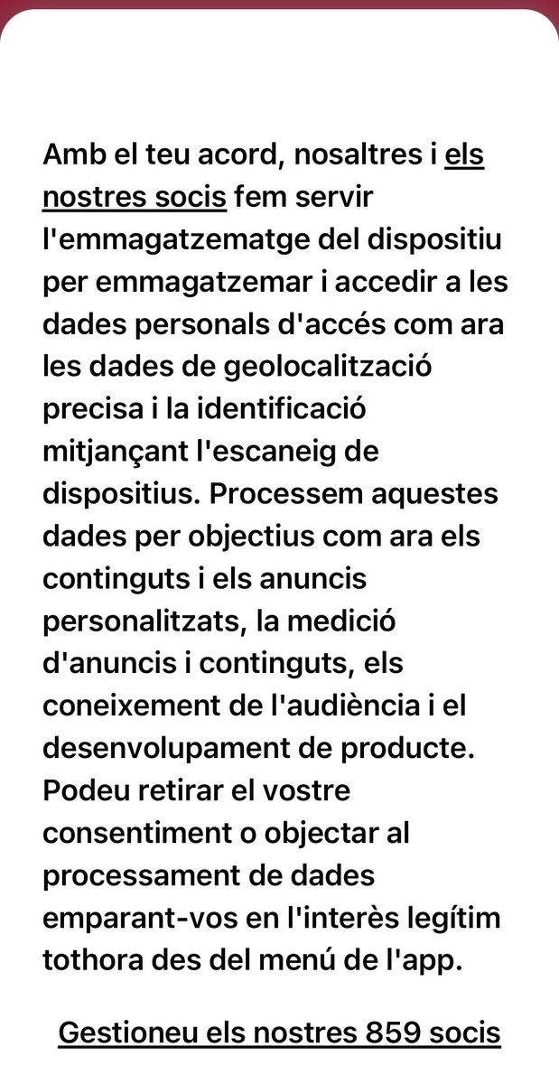A les polítiques de privacitat de l’aplicació del <a href="/som3cat/">3Cat</a> t’informen de que comparteixen les teves “dades personals d'accés com ara les dades de geolocalització precisa i la identificació mitjançant l'escaneig de dispositius.” Amb fins a 859 “socis”… cal?