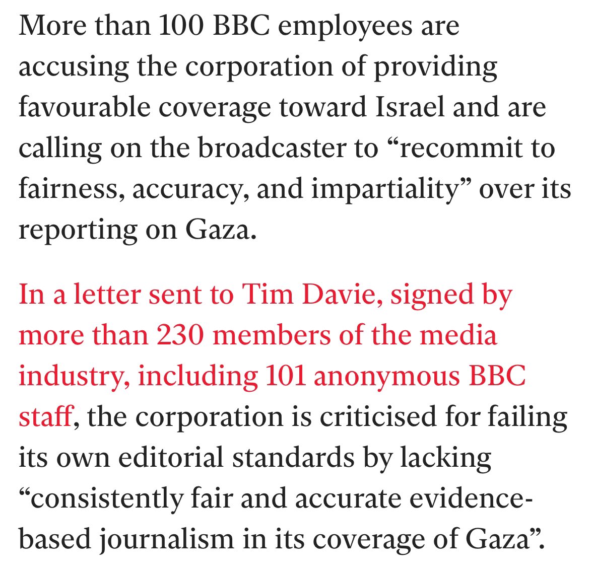 SanaSaeed's tweet photo. Over 100 BBC staff call out the broadcaster for its pro-Israel bias in coverage of the genocide in Gaza, in a letter sent to BBC director general Tim Davie. 

About 250 members of the media industry publicly signed the letter - myself included.

Read the letter here: https://t.co/jLYkBUN27r