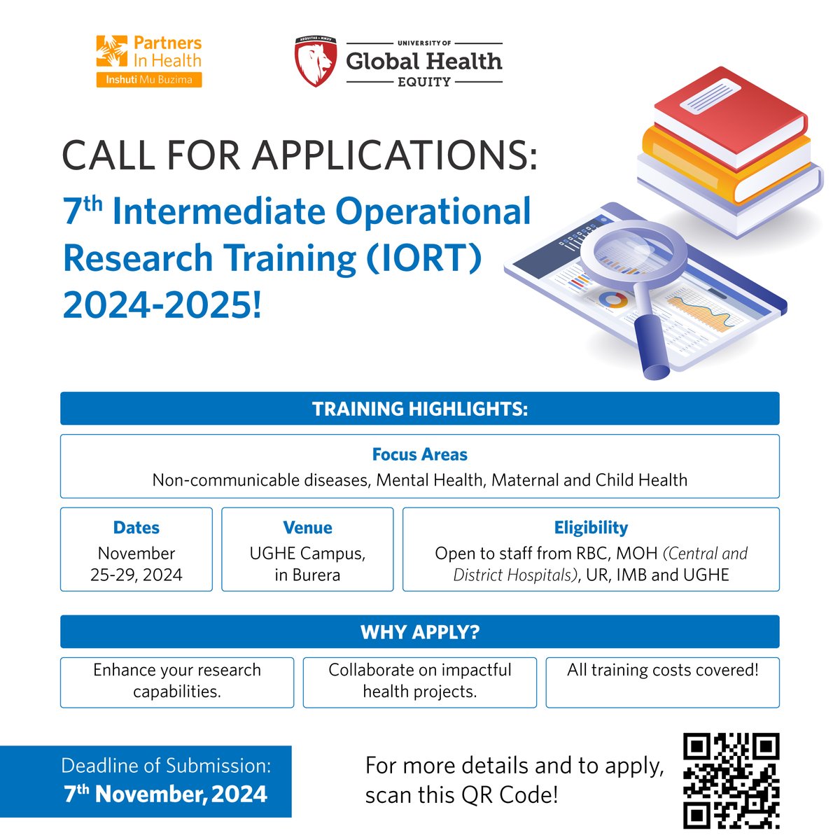 Applications are now open for the 7th Intermediate Operational Research Training (IORT) 2024-2025!  Join us at our beautiful #UGHE campus from Nov 25-29 for training focused on Mental Health, Maternal &amp; Child Health, and more. 
Learn more and apply here: bit.ly/4fydvBj
