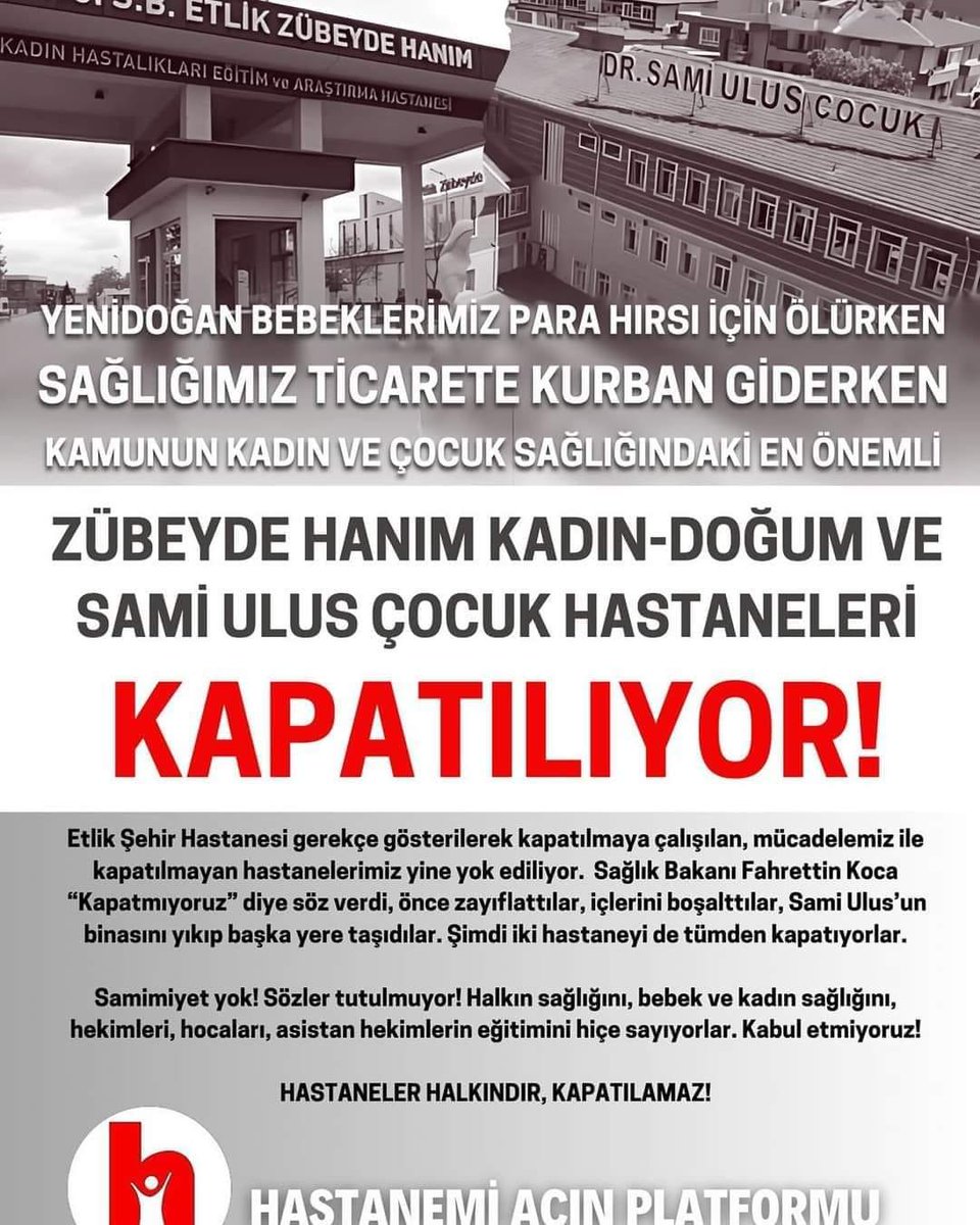 umutfeda's tweet photo. Olacak şey değil...!
Bebeklerin hayatı ticarete kurban giderken, kamunun elindeki hastanelerin güçlendirilmesi gerekirken Zübeyde Hanım Kadın Doğum ve Sami Ulus Çocuk Hastaneleri kapatılmak isteniyor. Hastaları müşteri gibi gören, hasta garantili Şehir Hastaneleri için https://t.co/WU8HcrQyPv