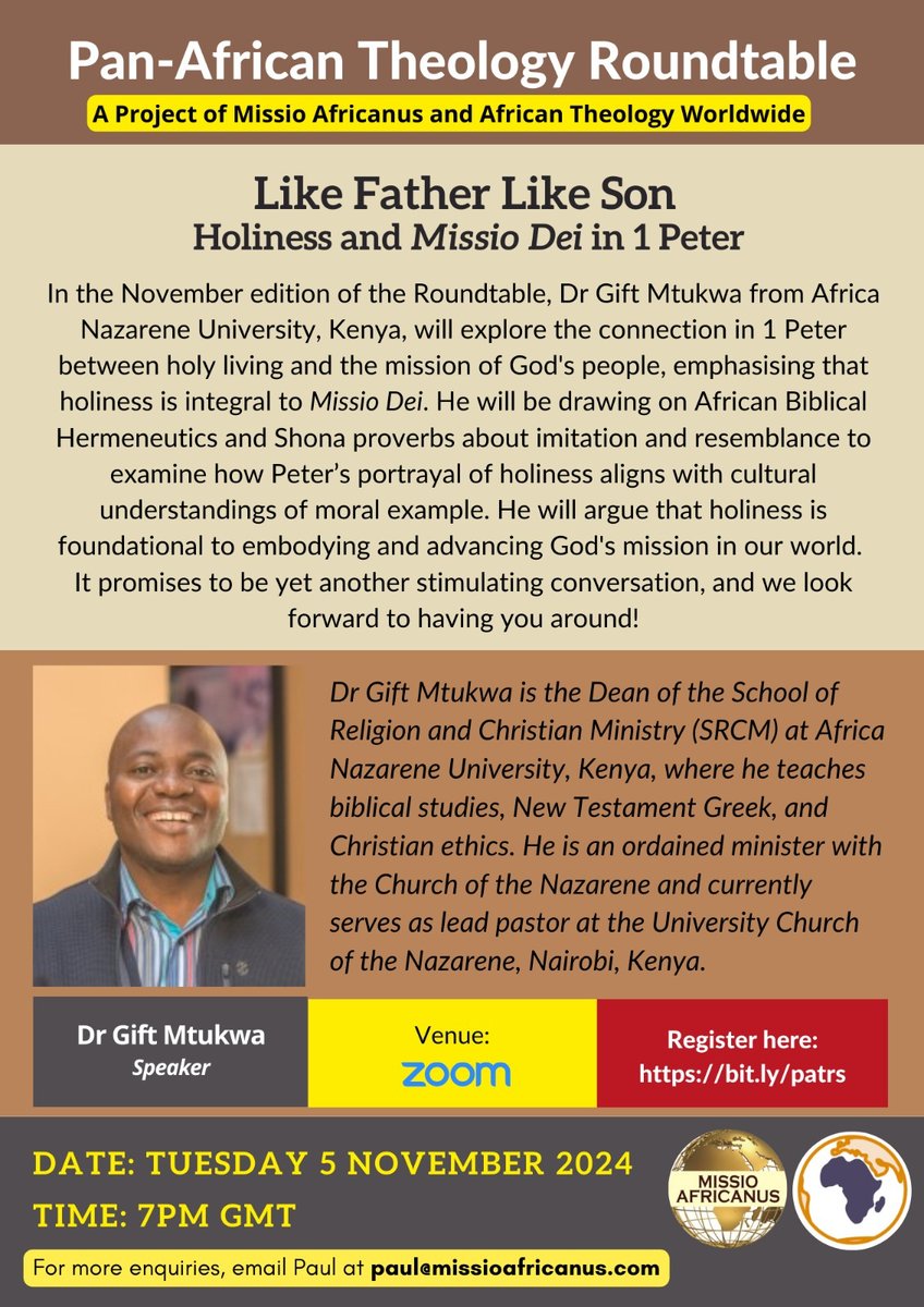 Abeneazer Gezahegn Urga (@abeneazergurga) on Twitter photo Dr. <a href="/gift_mtukwa/">Gift Mtukwa</a>, one of the contributors to *Reading 1 Peter Missiologically* (<a href="/wcpbooks/">William Carey Publishing</a>) will present his chapter, "Like Father Like Son: Holiness and Missio Dei in 1 Peter" on Nov. 5th at 7 pm BST at Pan-African Theology Roundtable (<a href="/MissioAfricanus/">Missio Africanus</a> ). Come & join us!! Dr. <a href="/gift_mtukwa/">Gift Mtukwa</a>, one of the contributors to *Reading 1 Peter Missiologically* (<a href="/wcpbooks/">William Carey Publishing</a>) will present his chapter, "Like Father Like Son: Holiness and Missio Dei in 1 Peter" on Nov. 5th at 7 pm BST at Pan-African Theology Roundtable (<a href="/MissioAfricanus/">Missio Africanus</a> ). Come & join us!!