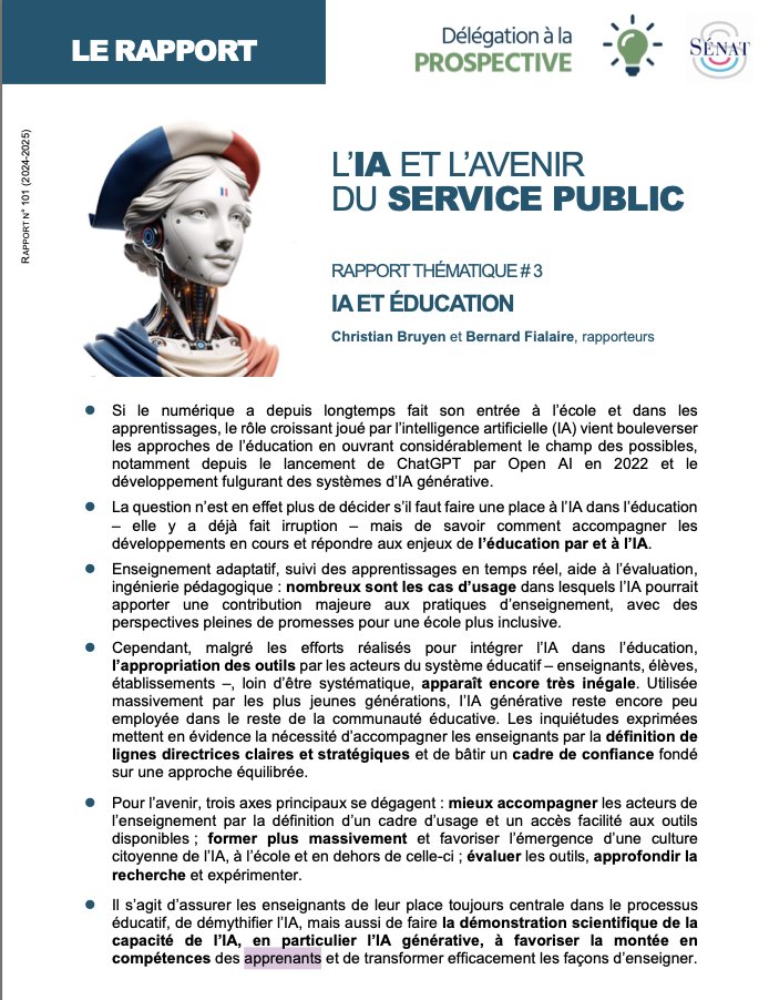 1/ 🤖📘 Nouveau rapport du Sénat sur l'impact de l'intelligence artificielle dans l'éducation. L'IA bouleverse les méthodes d'apprentissage et de suivi des élèves ! #Éducation #IA
Pour plus de détails, découvrez le rapport complet ici 👉senat.fr/rap/r24-101/r2…