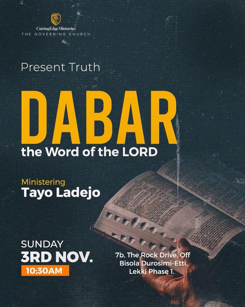 tayo_ladejo's tweet photo. We are called to be custodians of the WORD OF THE LORD- accurate direction & prevalent weapon against the adversaries.
Join us tomorrow for another revealing & Impartational time from His Presence.
See more details on the banner.
#Dabar
#JubileeYear
#TheGoverningChurch https://t.co/ZAqu8tjSVS