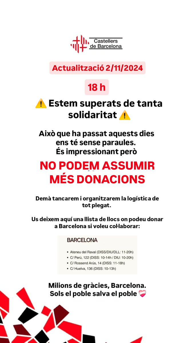 CdBCN's tweet photo. Milions de gràcies, Barcelona. Estem superats de tanta solidaritat. 

⚠️ NO PODEM ASSUMIR MÉS DONACIONS.  

Demà tancarem per organitzar tota la logística.  Estem sense paraules. 

Aquí sota tota la informació ⬇️ https://t.co/P89hVHQ3MX
