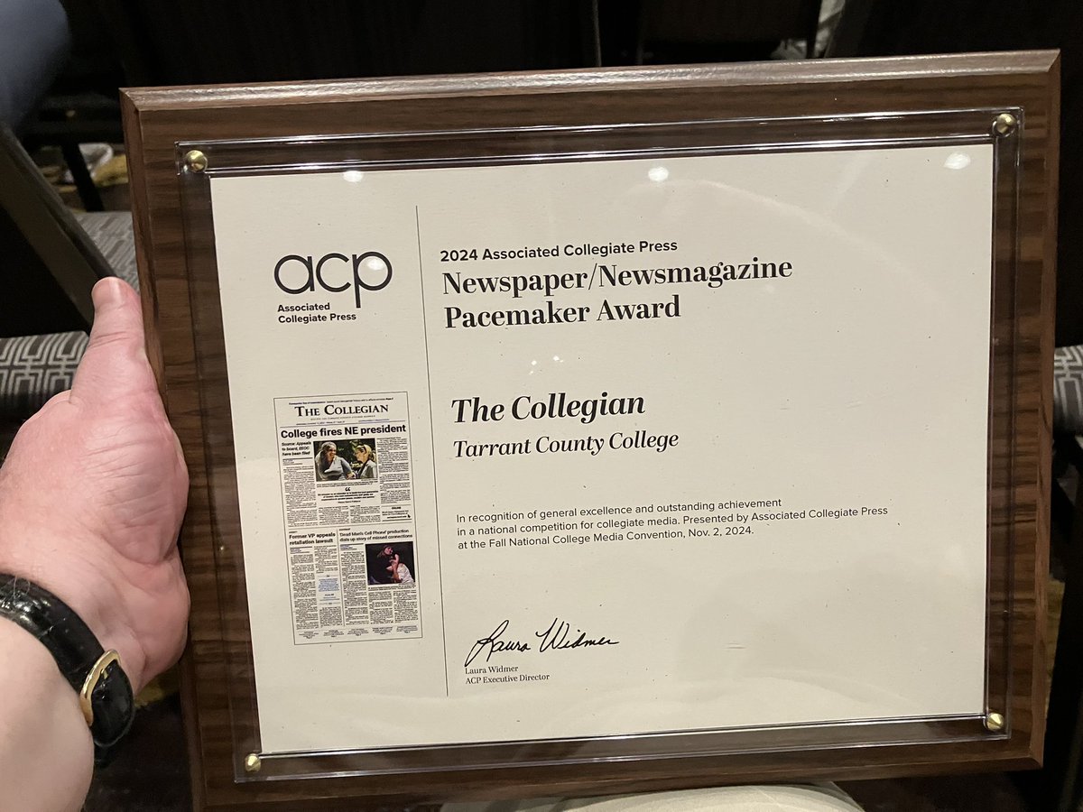 chriswhitley's tweet photo. The Collegian has won the @acpress national Newspaper Pacemaker Award, considered the Pulitzer Prize of college media. This is the fifth time in its history @TCCthecollegian has won this award. Congratulations to these amazing  @TCCollege students! https://t.co/Yl4tY81rrd