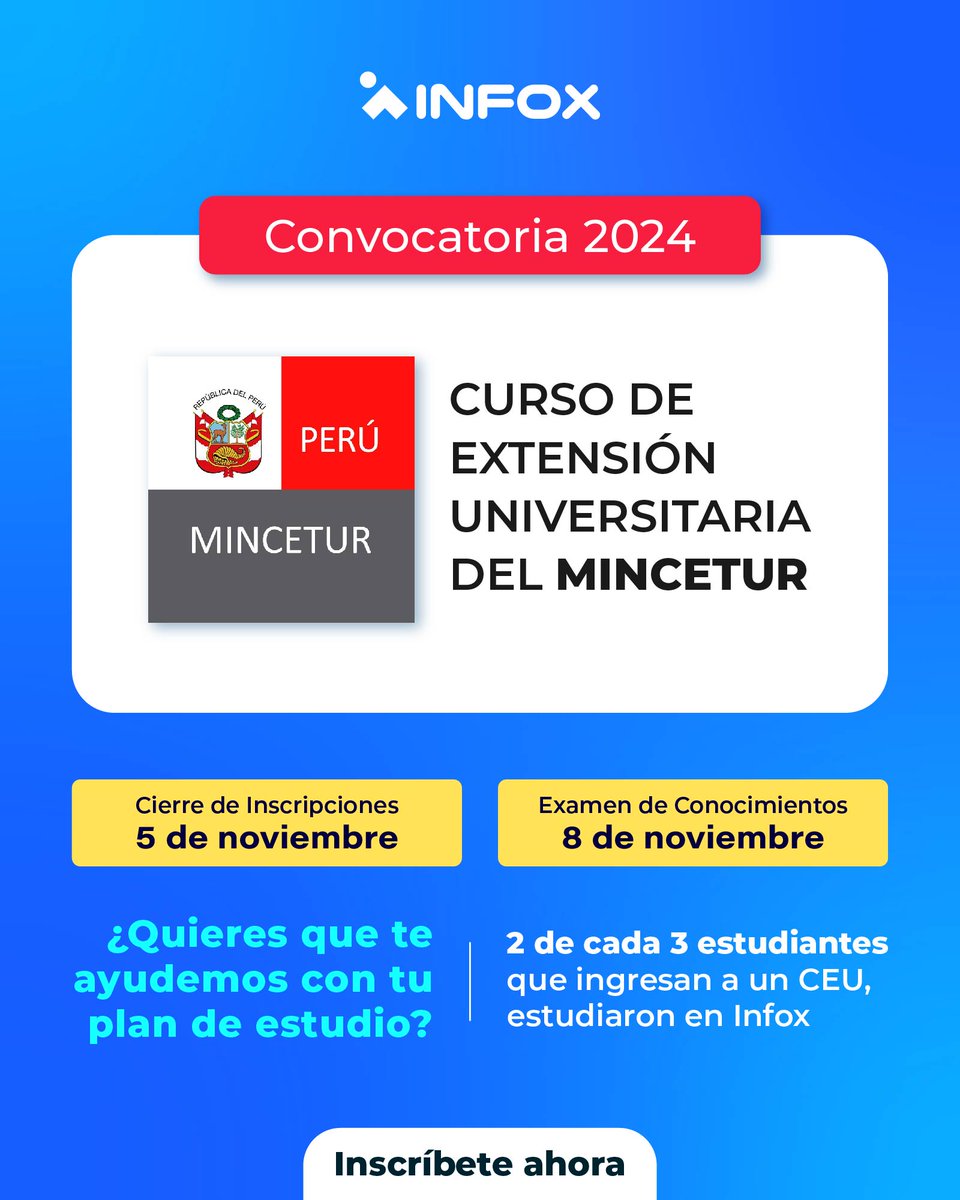 Infox_educa's tweet photo. ¡Convocatoria 2024 del MINCETUR! Curso de Extensión Universitaria

🗓 Cierre de inscripciones: 5 de noviembre
📝 Examen de conocimientos: 8 de noviembre

📲 Asegura tu lugar hoy mismo! 👉 https://t.co/iFedR5JugS

#Convocatoria2024 #MINCETUR #CursoDeExtensión #Economía #Regulación https://t.co/Xcq25BPwDL