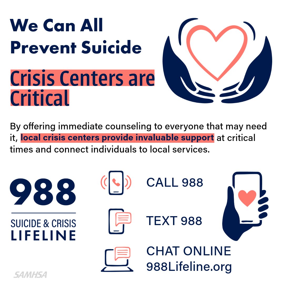 Learn about the #988Lifeline national network of crisis centers who respond to all calls, texts &amp; chats. Whether it's suicidal thoughts, anxiety, substance use, or something else, trained crisis counselors are ready to help.

You're not alone 988lifeline.org