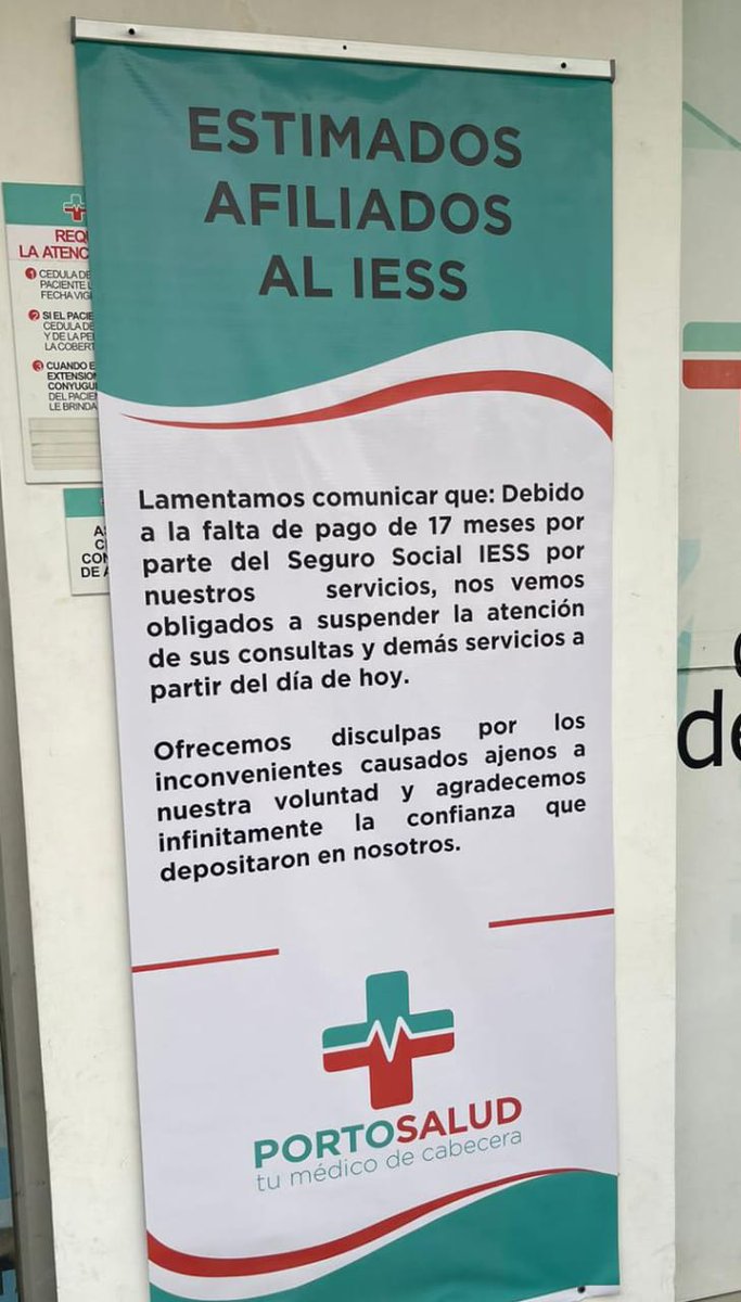jeancr09's tweet photo. Comunicado importante: LA UNIDAD MÉDICA PORTOSALUD PRESTADOR EXTERNO DEL IESS CERRO SUS PUERTAS POR FALTA DE PAGO.!! lamentablemente las citas agendadas serán canceladas favor comunicar por los medios del IESS página web o al 140 para que les reagenden los turnos https://t.co/ElsbUYeXIL
