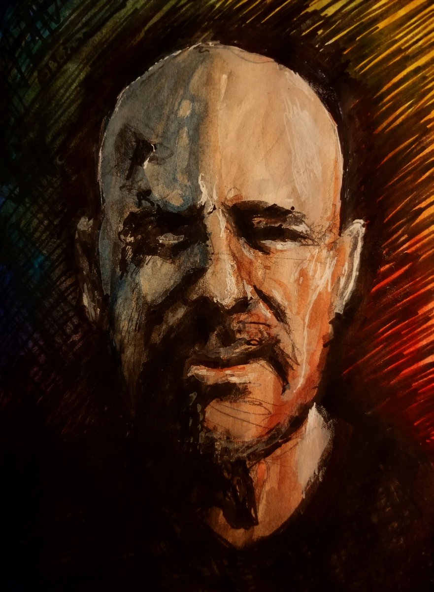 Later_AtBobs's tweet image. Self portrait in marker+watercolor+gel 5x8 #caricature #art