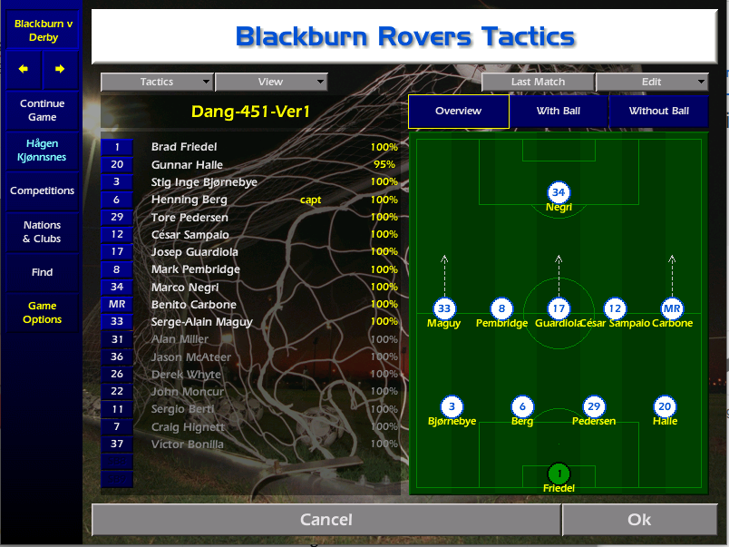 CM0102Federico's tweet photo. While searching the teams and reading the rules for the #Newells0102 challenge, I suddenly realized I could (almost) replicate Norway's back four against Turkey in 1993. 

Bratseth is obviously missing, but let us see if Bjørnebye, Berg, Pedersen and Halle can do against Derby. https://t.co/K2KuVHn9fG