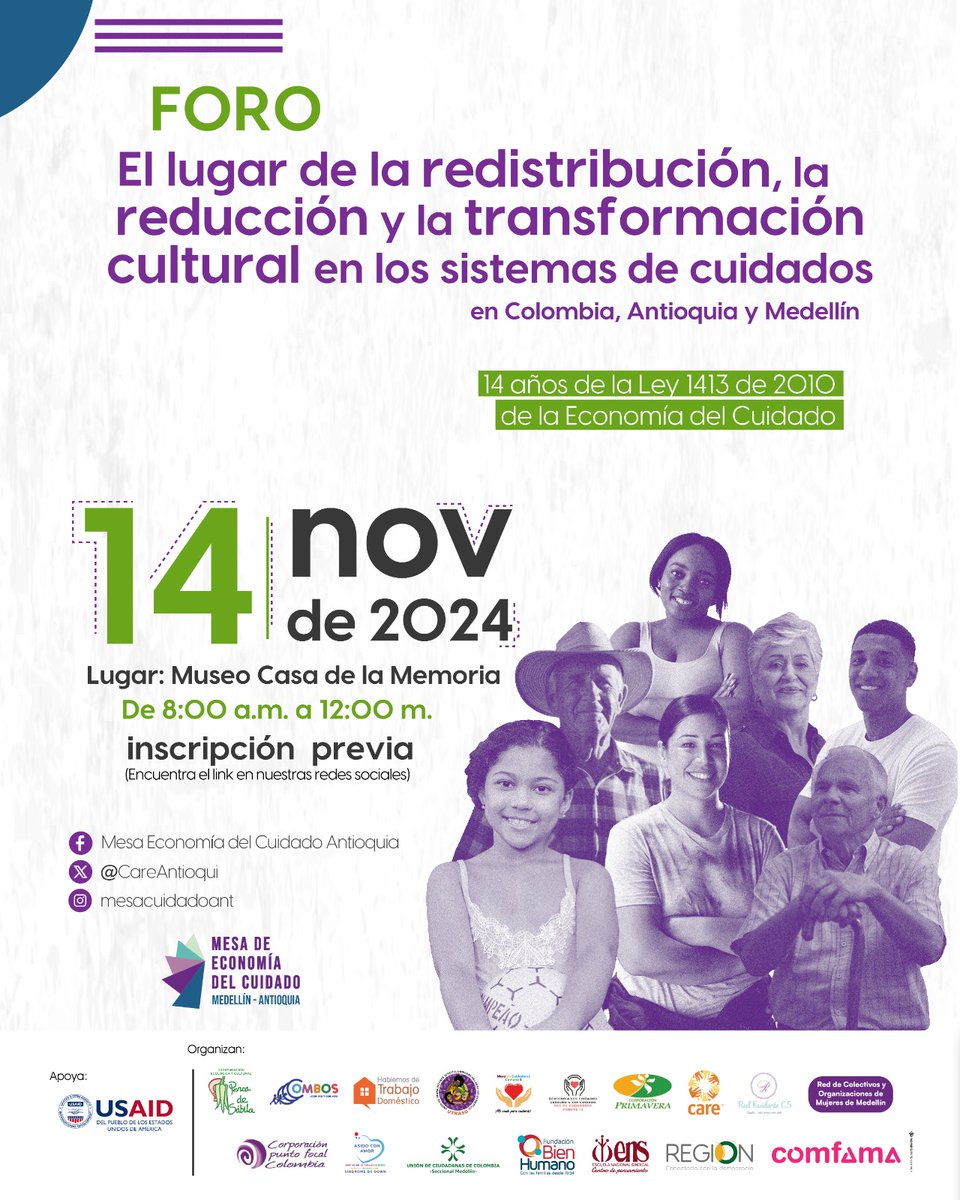 📢 PARTICIPA en el Foro: El lugar de la redistribución, la reducción y la transformación cultural en los sistemas de cuidados.

🗓Fecha: 14 de noviembre de 2024
📍 Lugar: <a href="/CasadelaMemoria/">Museo Casa de la Memoria</a>
🕗 Hora: 8:00 a.m. - 12:00 m.

Inscripción previa aquí ⬇️ forms.gle/xFnkrZfqzJGyH5…