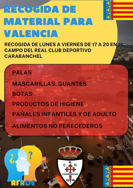rcdcarabanchel's tweet photo. 🆘 𝐂𝐀𝐑𝐀𝐁𝐀𝐍𝐂𝐇𝐄𝐋 𝐂𝐎𝐍 𝐋𝐎𝐒 𝐀𝐅𝐄𝐂𝐓𝐀𝐃𝐎𝐒 𝐏𝐎𝐑 𝐋𝐀 𝐃𝐀𝐍𝐀🆘

El RCD Carabanchel junto a @AFADE19 organiza una recogida de material para todas las personas afectadas por la #DANA en la Comunidad Valenciana

Durante toda la la próxima semana, de Lunes a Viernes de 17h a 20h en el Campo de "La Mina" de Carabanchel, se recogerá todo tipo de materiales para enviarlos desde el sábado a los afectados en Valencia

La solidaridad de todo el barrio en éstos momentos difíciles 🤝

#CarabanchelSolidariovsDANA