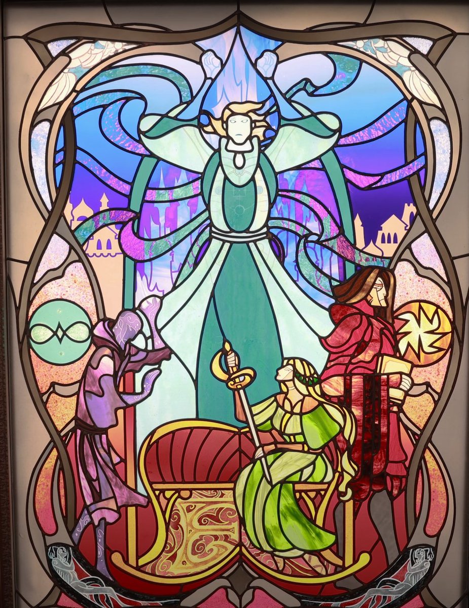 BlackSalander's tweet photo. ok so theres cool ways to spend money and then theres Brando getting a bunch of artists together to make custom stained glass of fantasy books https://t.co/xAuvCv4m4v