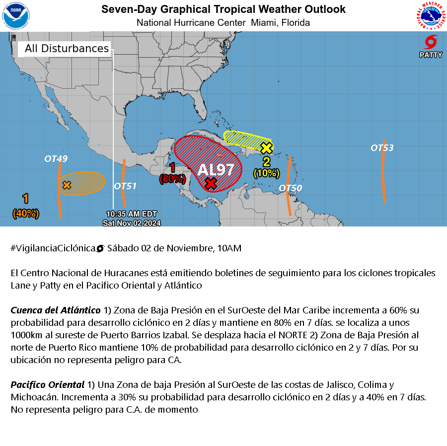 AlertaGt502's tweet photo. Vigilancia Ciclónica 🌀
Sábado 02 de Noviembre, 10AM
⚠️Se vigilan los ciclones tropicales #Lane y #Patty
De interés para la región el Disturbio #97L #AL97 con 80% probabilidad para desarrollo ciclónico en 7 días en el Caribe
#ClimaGt #TraficoGt #LluviasGt
#OndaTropical50 #OT50 https://t.co/NZX4zzJAOL