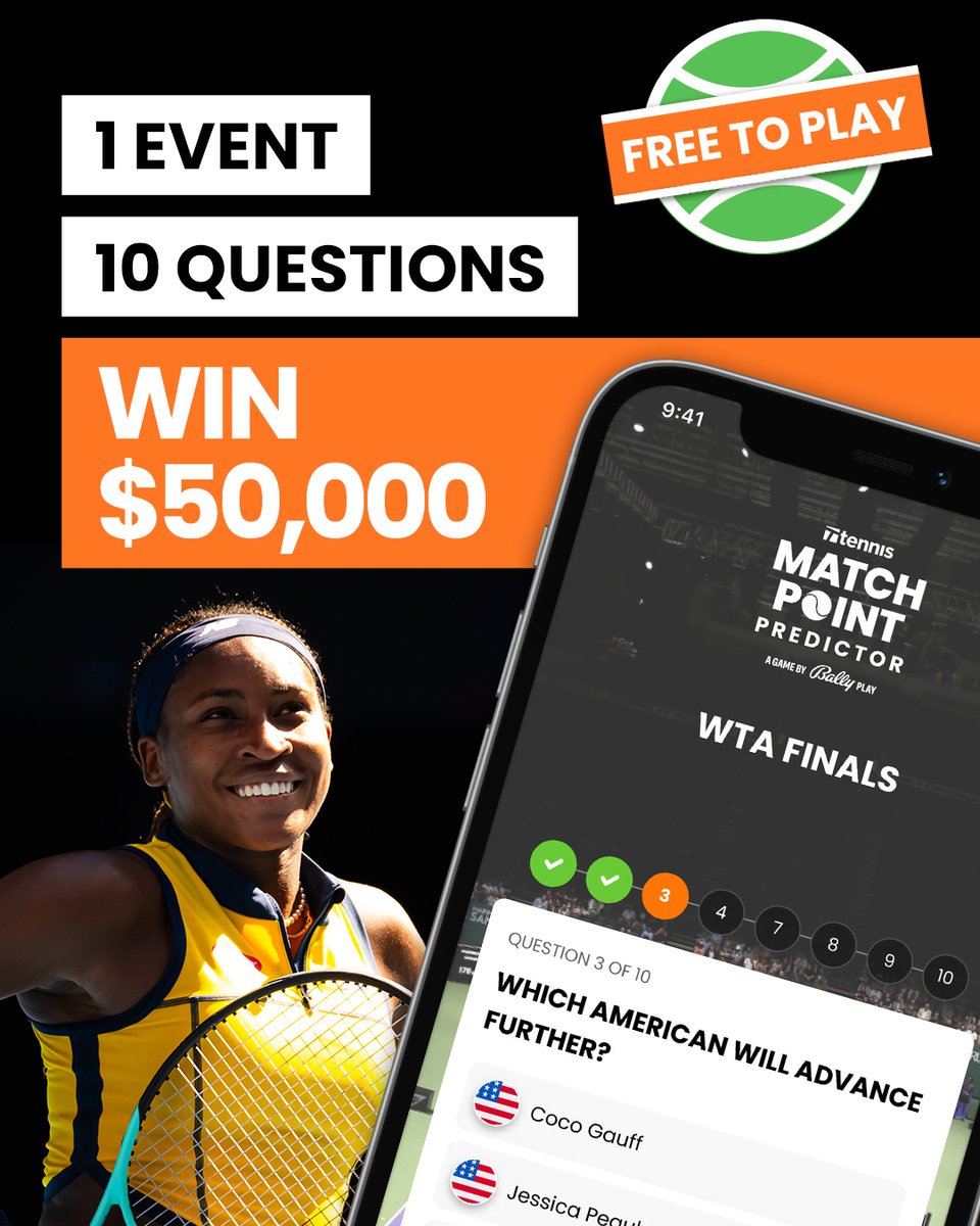 Tennis's tweet photo. What round will Coco Gauff reach at the #WTAFinalsRiyadh ⁉️ 

Play #MatchPointPredictor for the chance to win $50,000 👉 https://t.co/iZfx9ZqU62 https://t.co/v5bWpQUkBm