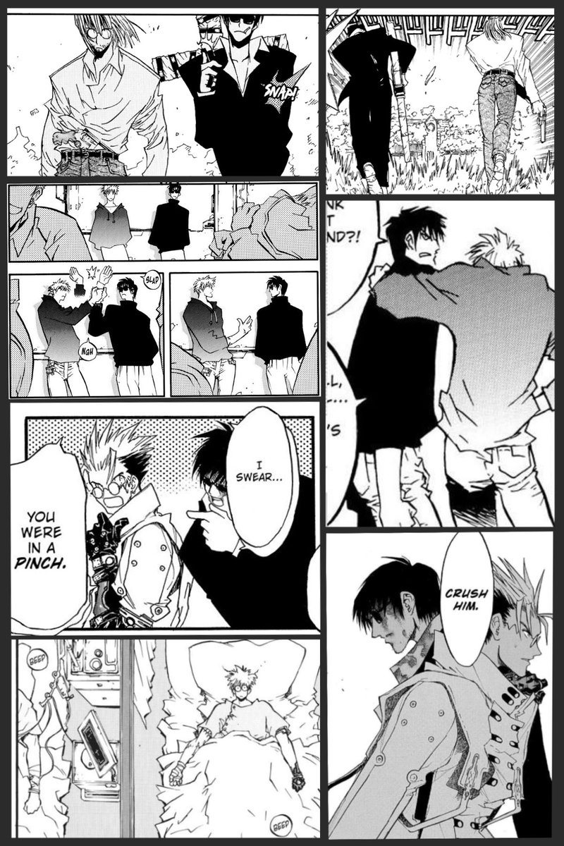 udon_tea's tweet image. A few things:

- you can have your own headcanons but it’s canon in the manga/98 that Vash is 180cm (~5’11”) tall.

- it’s also canon in the manga/98 that Wolfwood is slightly taller than him, by a few cm (a little under 1 inch).

- this is evident if you pay attention to the art