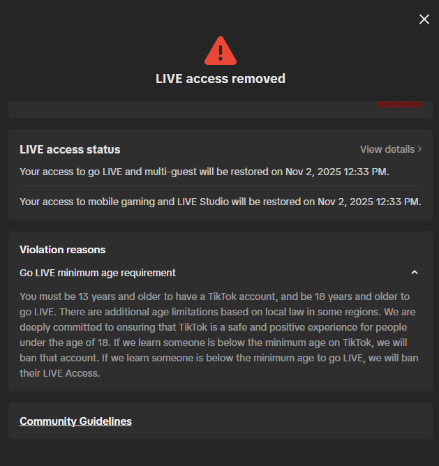 i just got banned for streaming for an entire year for being under 18 when im literally 18...