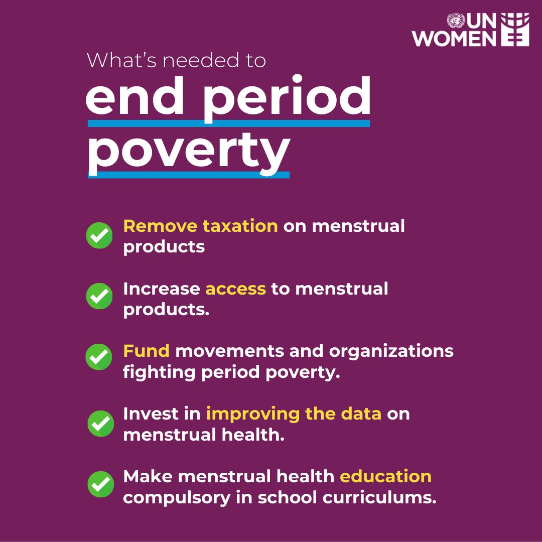 UN_Women's tweet image. It’s 2024 and yet millions of women and girls cannot afford their periods.

Let us tackle period poverty by
🩸Breaking the stigma
🩸Increasing access to menstrual products
🩸Investing in improving data on menstrual health.

Learn more: unwo.men/syUF50T4gBL
