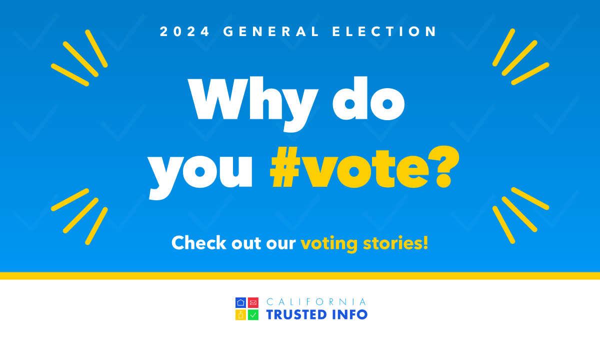 CASOSVote's tweet photo. Why do YOU #vote? Get #inspired from Californians across the state, like Gene Young, who share their voting stories: https://t.co/LCoJIdUwW5 #CATrustedInfo2024 #VoteCalifornia #GeneralElection2024 #VoteCA #CaliforniaSOS #ShirleyNWeberPhD @NASS_org @CalCities @CSAC_Counties https://t.co/TkabKoS2YK
