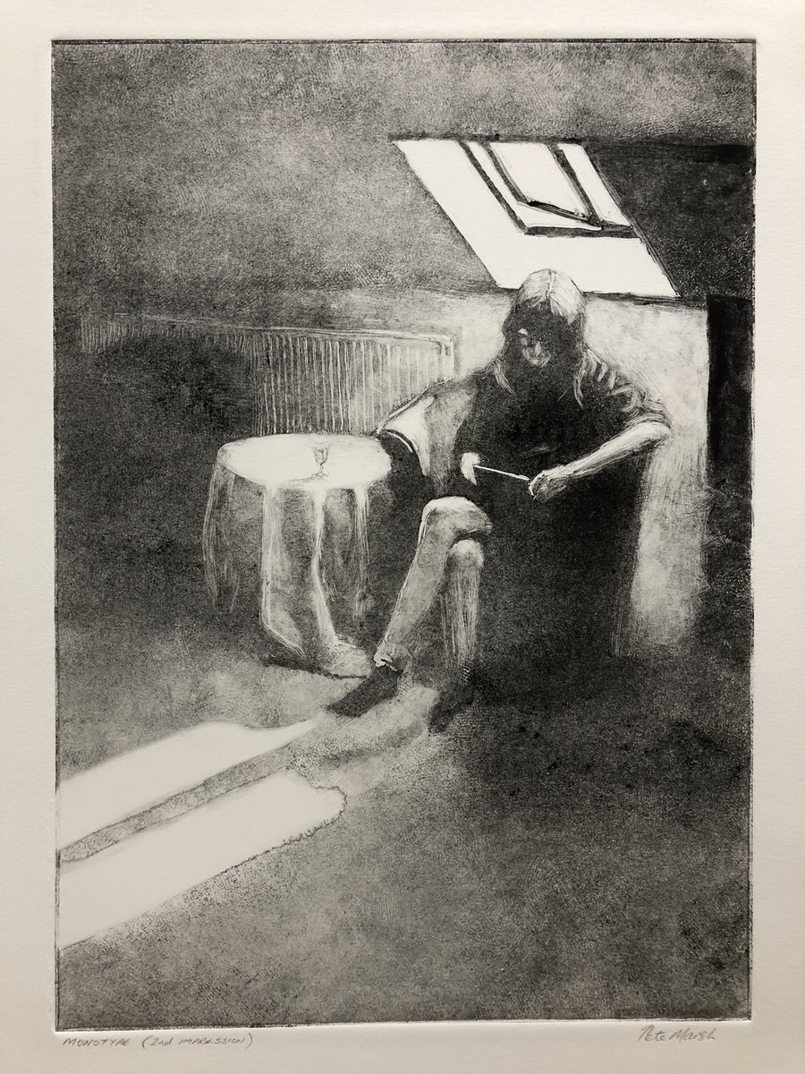 PeteMarshArt's tweet photo. I will occasionally print a 2nd impression when producing a monotype. This is often referred to as a “ghost” print. Here it is. #Reading #monotypeprint #monotype #ghostprint #tablet https://t.co/I4o7tuFgC0