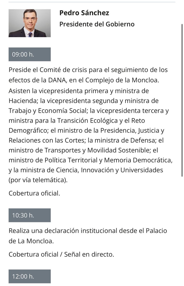 FroilLannister's tweet photo. Pedro Sánchez en un día como hoy, en plena tragedia ha dado por terminada su agenda institucional a las 12:00.
Desde el martes, ha estado en Valencia 30 minutos, llegando en Súper Puma y marchándose sin visitar una sola zona afectada.
Tremendo desgraciado. https://t.co/fUXJcThI6G