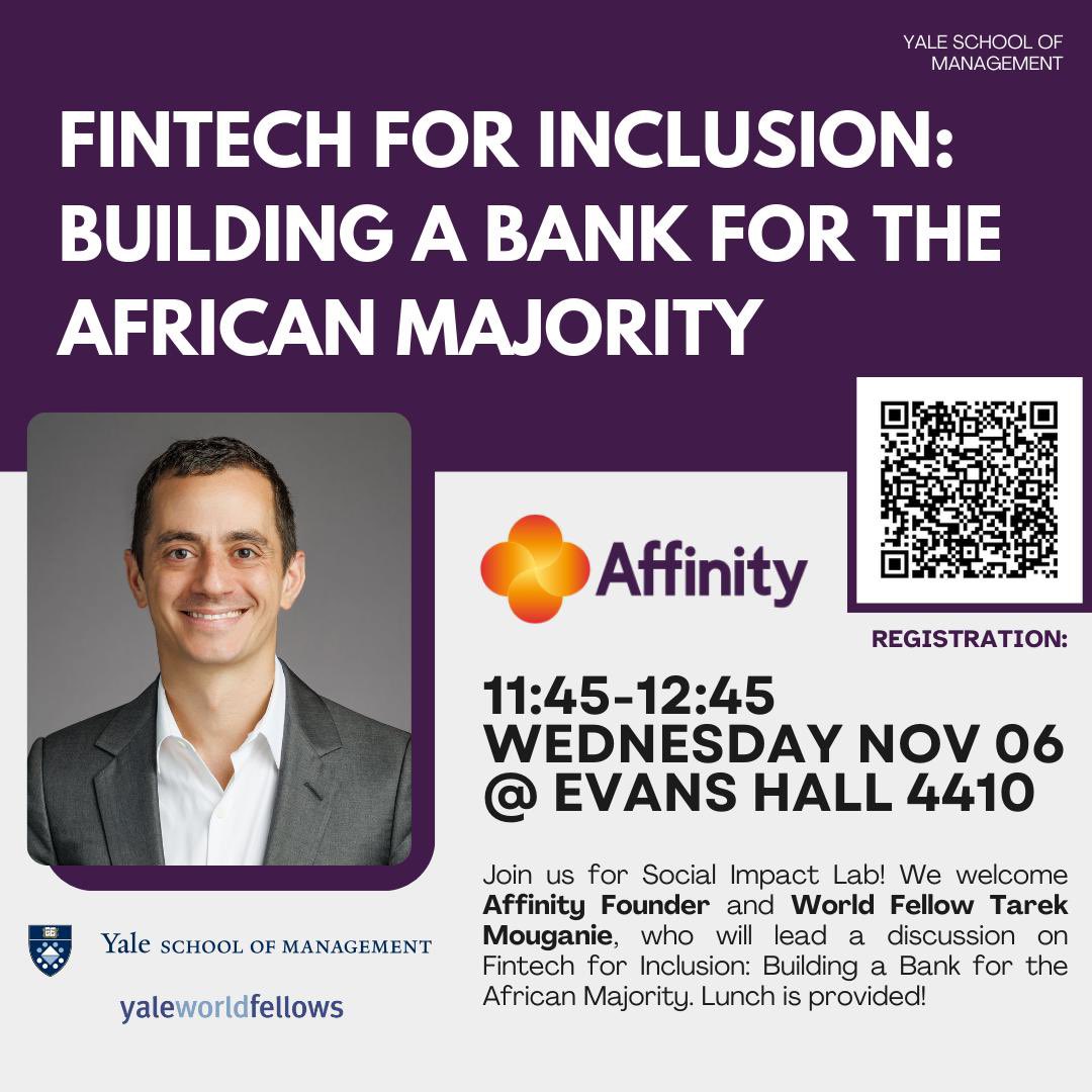Excited to be speaking at the Yale School of Management’s Social Impact Lab on Wednesday.

Will give a brief demo of the products we have built at Affinity Africa and pose some growth hacking questions to the MBA students and faculty! Come, learn and contribute to our journey.