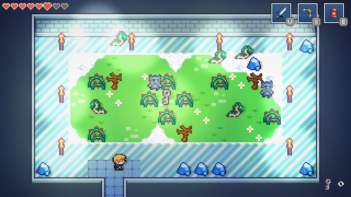 dreamnoid's tweet photo. The dungeons in Aereven Advance were a bit too simple for my taste so I expanded every one of them for Sleeping Azure! Here's a winter garden in the middle of the Lunar Spire #screenshotsaturday #gamedev #indiedev #zeldalike https://t.co/J99HvV53Jl