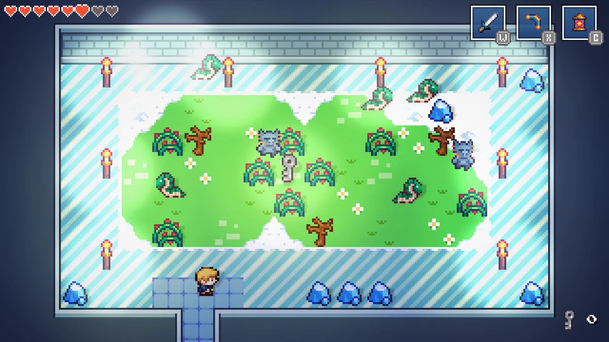 A screenshot of the upcoming Legends of Aereven: Sleeping Azure showing a winter garden inside the ice dungeon 