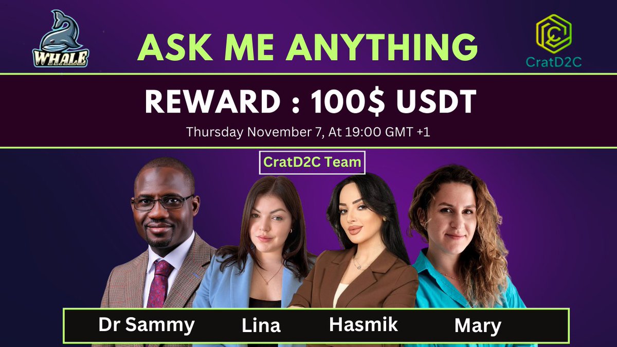 🎙️Join us for the Binance Live AMA series with #CratD2C

🕰️ Date: 7th Nov ,19:00 GMT+1
🏆 Prize: 100 USDT 
🏠 Venue: binance.com/en/live/u/2747…

〽️Rules:
1️⃣ Follow @Cryptowhale1988 &amp; <a href="/CratD2C/">CratD2C SmartChain</a>
2️⃣ Like &amp; RT
3️⃣ Comment your Questions (Max 3)
4️⃣ Tag 3 Friends