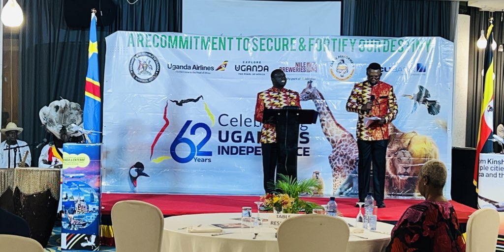 DrcUganda's tweet photo. During his speech, Ambassador Matata Twaha, Chargé d'Affaires @MTFMagara, first congratulated President TSHISEKEDI @Presidence_RDC and the #Congolese people on their resilience and courage in the face of persistent challenges. 

Regarding the strengthening of ties with the DRC, he highlighted the solid bilateral relationship between the two countries, while noting the progress made in various areas.

@MTFMagara in short, urged both Governments to continue working towards the implementation of the outstanding decisions of the 8th Session of the Joint Main Committee, as he said the next session would be held in #Uganda next year. These included the finalization of draft agreements or memoranda of understanding on immigration, corrections and penitentiary services, the revision of the Bilateral Air Services Agreement (BASA), the conclusion of a Search and Rescue (SAR) Agreement and the release of prisoners, to name a few.

This year’s celebration was concluded with a toast to the enduring friendship between the two nations and the commitment to continued cooperation. 

#DRCUganda #ugandaat62