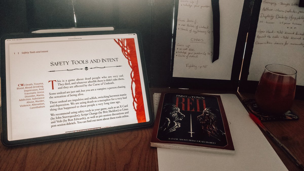 Ran Paint the Town Red by <a href="/soulmuppetRPG/">SoulMuppet Publishing</a> tonight and had so much fun! Players loved the Pulse/Chaos mechanic and the session ended with a Passion fueled brawl in complete and utter silence. 
10/10 Would recommend 🩸
#ttrpg