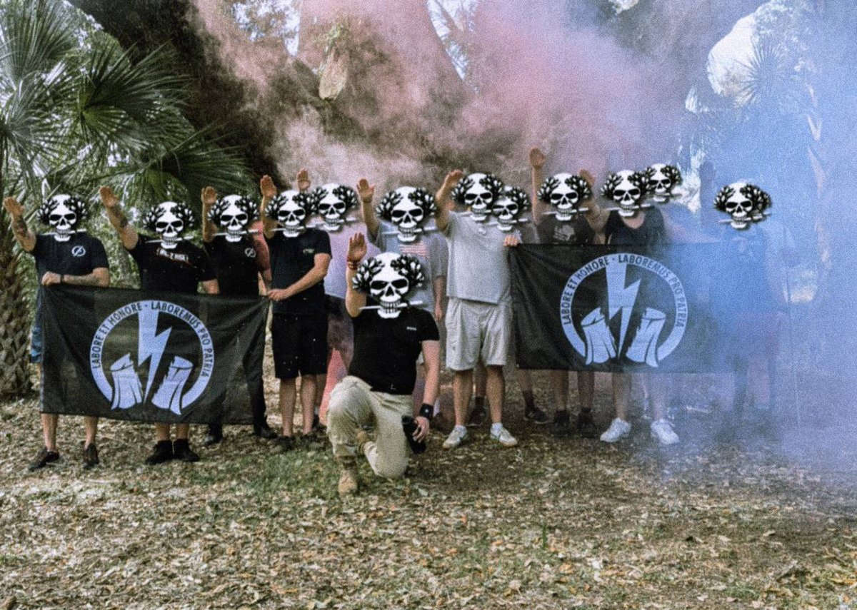 ABM is a growing white supremacist group to keep an eye on. They are intensely anti-immigrant, advocating for a white Christian state. Their ability to mobilize dozens of members has come quicker than I've seen with other similar groups. My glossary entry: extremismterms.adl.org/glossary/ameri…