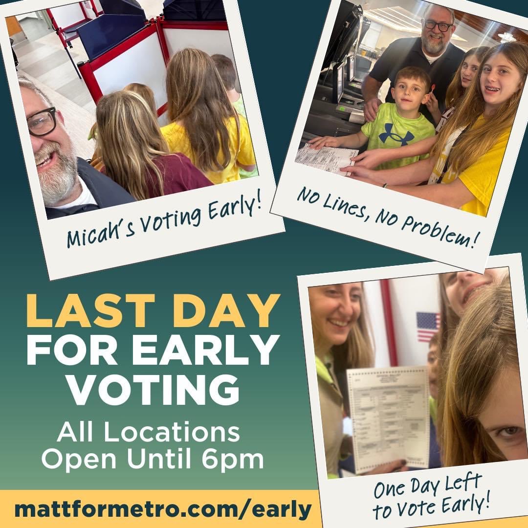Have you voted early yet? If not, you have until 6pm to vote at ANY early voting location around Louisville! Find the closest spot at mattformetro.com/early and make it happen. #OurGoldenOpportunity