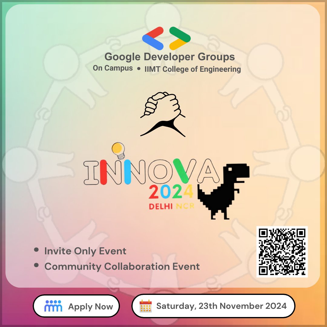 GDSC_IIMT's tweet photo. Joint Forces for Innovation!
GDG IIMT x GDG GCET presenting INNOVA 2024 !
Date: Saturday, 23rd November
Location: Delhi NCR
Registerπ: https://t.co/YvO2xbzMNK
Or just scan QR CODE
#GDGIIMT #GDGGCET #Innovation #TechEvent #collaboration https://t.co/jAHla6tJLx