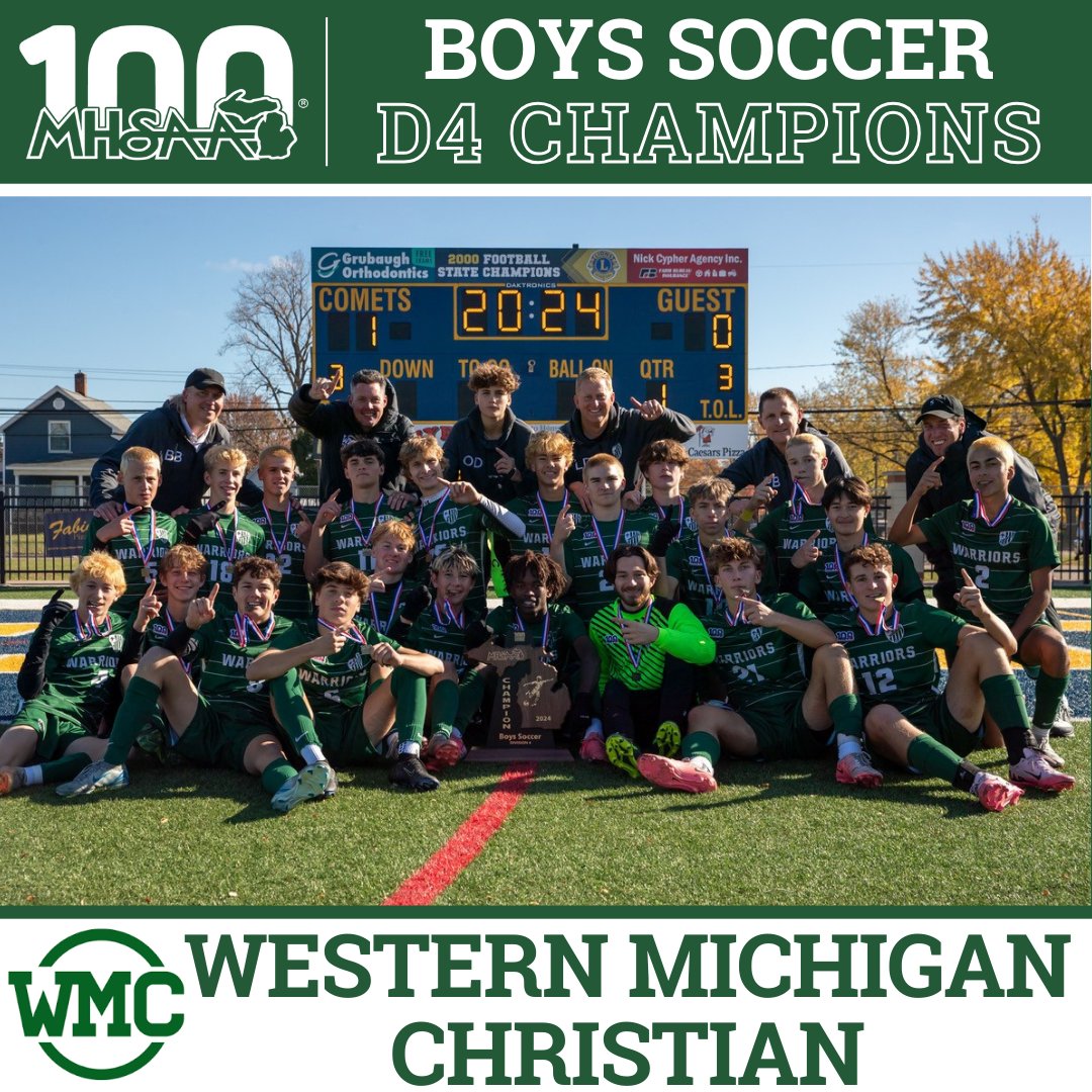 ⚽ D4 BOYS SOCCER FINAL: Western Michigan Christian Completes 3-Peat on Freshman's Final-Minute Score &gt;&gt; ow.ly/qfg950TYHRm🏆👀⁣⁣⁣⁣⁣ ⁣ 
#congratulations #finals #soccer #champions #wmc #warriors #MHSAA100 #MHSAA 
<a href="/WMCsports/">WMC Sports</a>